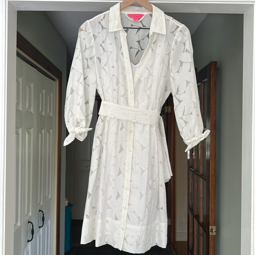 Lilly Pulitzer White Floral Collar Button Down 3/4 Sleeve Mini Shirtdress Sz 8